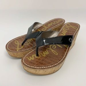 SAM EDELMAN ROMY Black Patent Leather Slip On Platform Wedge Sandals Sz 10
